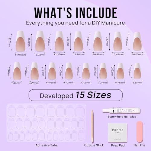 BTArtbox French Tip Press On Nails - Press On Nails Medium Coffin, Glue On Nails for Gifts, Natural Reusable Stick On Nails in 15 Sizes - 30 Fake Nails Kit