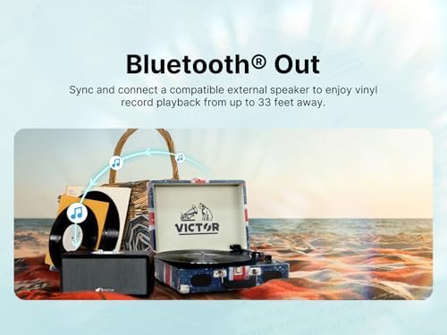 Victor Metro Plus Battery-Powered Bluetooth Suitcase Turntable | 3-Speed Vinyl Record Player with Built-in Stereo Speakers, Rechargeable Battery, RCA Output, Aux Input, and 45 RPM Adaptor, VSRP-850B