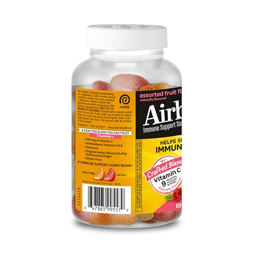 Airborne Vitamin C 500mg (per Serving) - Assorted Fruit Flavored Kids Gummies (63 Count in a Bottle), Gluten-Free Immune Support Supplement with Vitamins C E, Selenium