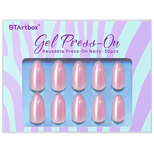 BTArtbox Press On Nails Almond - Soft Gel Press on Nails Pink Chrome Nails, Light Weight & Fit Perfectly, Natural Fake Nail with Nail Glue, Medium Glue On Nails in 15 Sizes - 30 Nail Kit, Lotus Glazed