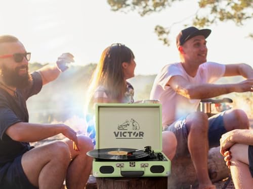 Victor Metro Plus Battery-Powered Bluetooth Suitcase Turntable | 3-Speed Vinyl Record Player with Built-in Stereo Speakers, Rechargeable Battery, RCA Output, Aux Input, and 45 RPM Adaptor, VSRP-850B