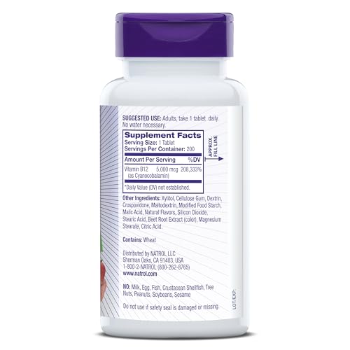Natrol B12 Vitamins 5000 mcg, Fast Dissolve Vitamin B12 Supplement Supports a Healthy Nervous System and Energy Metabolism, 200 Tablets, Up to a 200 Day Supply