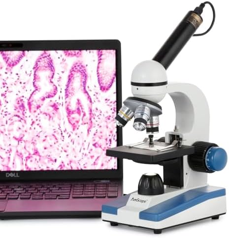AmScope M150 Series Portable LED Monocular Student Compound Microscope - 40X-1000X Magnification - Microscope Kit Includes Dust Cover, 2 Clips & 2 Eyepieces