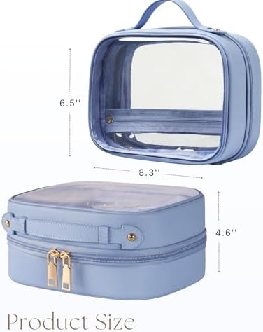 Clear Cosmetic Bag Double Layer Travel Toiletry Bag Clear Makeup Bag Case with 4 Compartments, Transparent Travel Bag for Toiletries, TSA Approved Toiletry Case for Women (Blue)