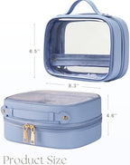 Clear Cosmetic Bag Double Layer Travel Toiletry Bag Clear Makeup Bag Case with 4 Compartments, Transparent Travel Bag for Toiletries, TSA Approved Toiletry Case for Women (Blue)
