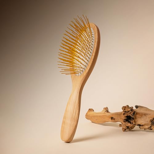 Snow Fox Skincare Gua Sha Hair Brush - Wooden Edition. Scalp Massage Comb with Gold-Plated Metal Bristles for Healthy Follicles. Soothing Gua Sha Acupressure Tool for All Hair Types