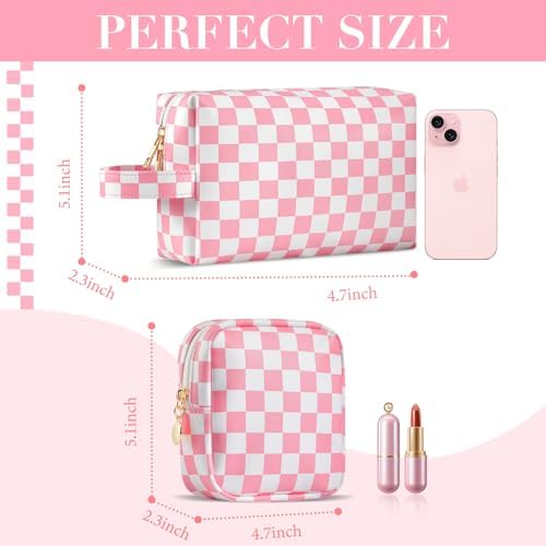 2Pcs Makeup Bag for Women, Large Checkered Cosmetic Bags with Small Makeup Brushes Bag Set, Cute Leather Make Up Orgnizer with Zipper, Travel Skincare Toiletry Storage Bag for Teens Girls Gifts(Brown)