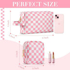 2Pcs Makeup Bag for Women, Large Checkered Cosmetic Bags with Small Makeup Brushes Bag Set, Cute Leather Make Up Orgnizer with Zipper, Travel Skincare Toiletry Storage Bag for Teens Girls Gifts(Brown)