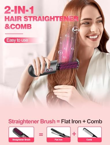 Cordless Hair Straightener Brush for Travel,Mini Hair Straightener Comb with Negative Ion,Portable hot Brush for Women, Rechargeable 9600mAh Battery, Anti-Scald,12 Temp-Setting