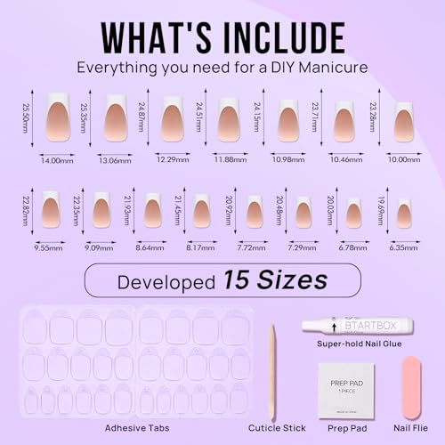 BTArtbox French Tip Press On Nails - Square Press On Nails Long, Natural Fake Nail with Nail Glue, Brown Glue On Nails in 15 Sizes - 30 Fake Nails Kit