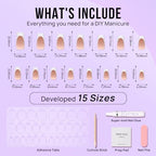 BTArtbox French Tip Press On Nails - Square Press On Nails Long, Natural Fake Nail with Nail Glue, Brown Glue On Nails in 15 Sizes - 30 Fake Nails Kit
