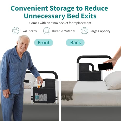 Bed Rails for Elderly Adults Safety, Height and Length Adjustable Bed Assist Rail for Senior, Bedrail with 2 Bag & Strap, Help Get in & Out of Bed, Fit Most Bed, Supports 300 lbs, Tool-Free
