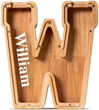 Customized Name Large Wooden Piggy Bank for Kids Boys Girls Alphabets Letter A-Z Coins Bills Money Change Bank Box Initial on Clear Cover (Laser Engraved) (Alphabet-W, Personalized-9")