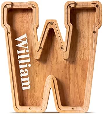 Customized Name Large Wooden Piggy Bank for Kids Boys Girls Alphabets Letter A-Z Coins Bills Money Change Bank Box Initial on Clear Cover (Laser Engraved) (Alphabet-W, Personalized-9")