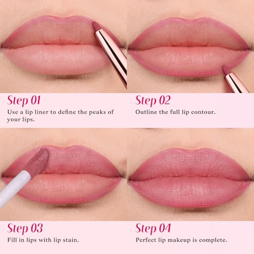 2 PCS Lip Liner and Lip Stain Combo Set, High Pigmented Long Lasting Velvet Lip Tint, Well-Defined Lipliner, Weightless Waterproof Not Animal Tested, Matte Finish Makeup