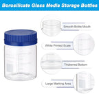 PATIKIL 4 Pack Reagent Media Storage Bottles, 250ml Borosilicate Glass Wide Mouth Graduated Round Bottles with GL32 Blue Screw Cap for Lab Water Reagent Liquids, Clear