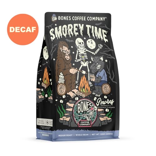 Bones Coffee Company Decaf S'morey Time Flavored Coffee Beans, Whole Bean Coffee Medium Roast Low Acid Decaffeinated, S'mores and Graham Crackers Flavor (12 oz)