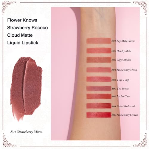 Flower Knows Strawberry Rococo Cloud Lip Cream Matte Liquid Lipstick-Long Lasting&Highly Pigmented Lip Stain -Velvety Waterproof Lip Makeup for Girls&Women-0.12 Fl Oz,1 Count(S04 Strawberry Moon)