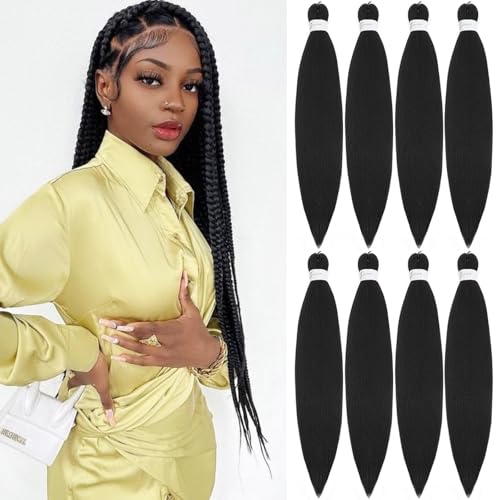 Braiding Hair Pre Stretched, 26 Inch 8 Pack Black Prestretched Braiding Hair For Women Braid Hair, Long Professional Synthetic Hair For Knotless Boho Crochet Braids,Yaki Straight Texture(26in,1b,8pc）