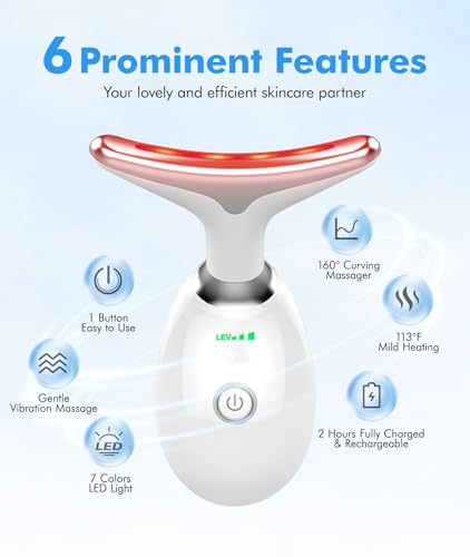 Red-Light-Therapy-for-Face-and-Neck, 7 Color Face Massager Tool for Wrinkles, Double Chin, Vibrating Facial Massager with Thermals for Skin Care, Glossy White