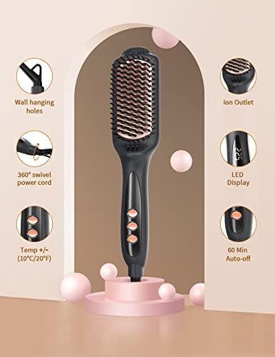 LANDOT Hair Straightening Brush Straightener: Negative Ion Ceramic Heated Hot Brush for Smooth Frizz-Free Hair - Dual Voltage 100-240V & 12 Temp Settings 250°F to 450°F
