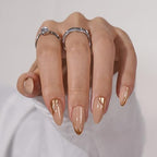 BTArtbox Press On Nails Almond - Glue On Nails Medium with 3D Sculpting Metallic Design, Supremely Fit & Glossy Fake Nails in 15 Sizes, Amber