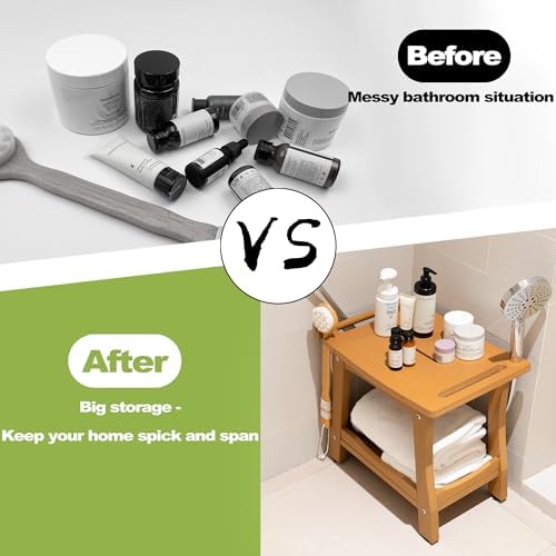 Y&M 2-Tier Bathroom Shower Bench with Waterproof Storage Shelf, HDPE Towel & Shower Head Shelves Curved Seat, Small Tub Chair for Shaving Legs Foot Stool, Bath, Spa, Indoor or Outdoor Use, Teak