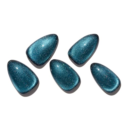 GLAMERMAID Press on Nails Short Almond, Handmade Lake Blue Cat Eyes Gel Glue on Nails, 24Pcs Glossy Short Stiletto Reusable UV Finish Fake Nails Acrylic False Nails Manicure Kits for Women