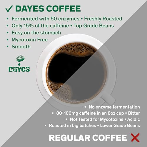 DAYES Enzyme Fermented Whole Bean Coffee - 16 oz (450g) I Low Caffeine Whole Bean Coffee I Medium Dark Roast I Low Acid I Digestion Friendly (16 Oz)