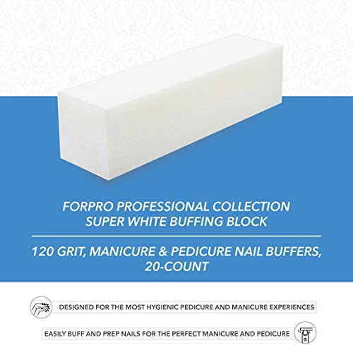 ForPro Super White Buffing Block, 120 Grit, Four-Sided Manicure and Pedicure Nail Buffer, 3.75” L x 1” W x 1” H, 20-Count (Pack of 2)
