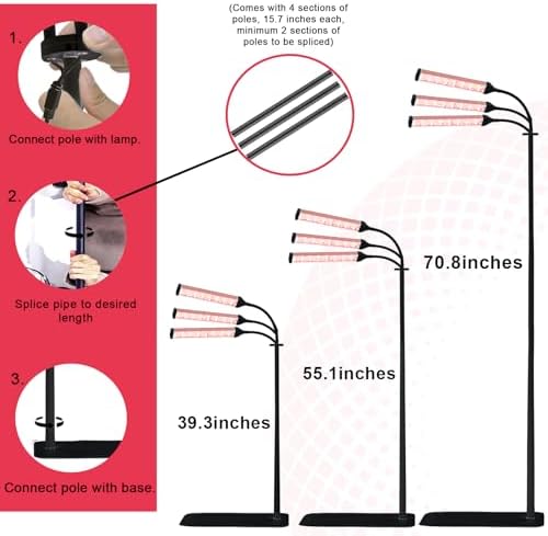 Red Light Therapy Lamp with Adjustable Stand, Timer, Height, Brightness - 660nm, 660nm+850nm, 660Nm+940nm- Effective for Body and Skin Vitality, 3-Head,Black,27W