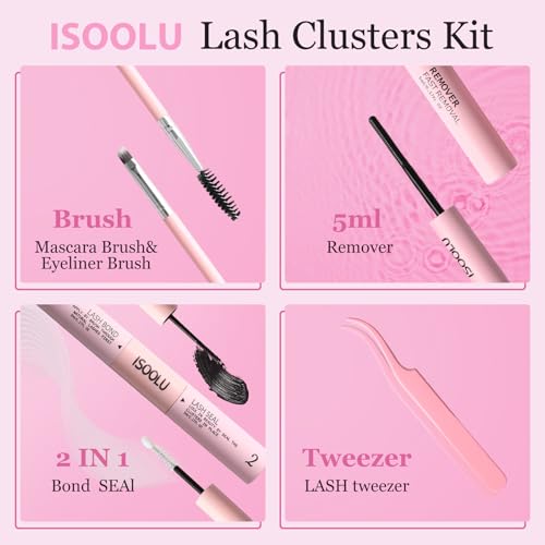 DIY Volume Lash Clusters 480pcs Lash Extension Kit Lash Extension Kit，50D 9-16mm with Cluster Lashes，2pcs Bond and Seal，Lash Tweezers，Eyelash Brush.