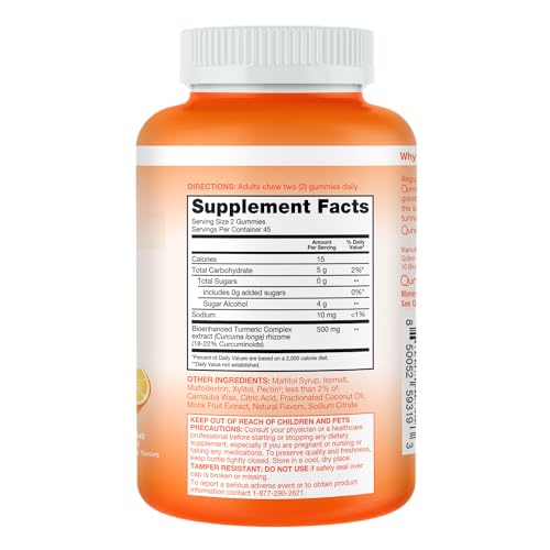 Qunol Zero Sugar Turmeric Gummies, Gummy with 500mg Turmeric Curcumin, Joint Support Supplement, Ultra High Absorption Turmeric Curcumin, Vegetarian, Gluten Free, 90 Count