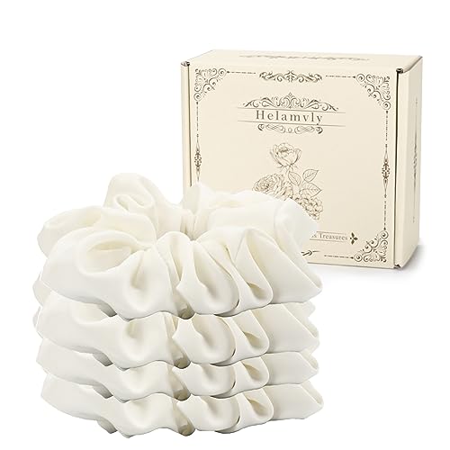 4PCS Large Silk Scrunchies for Women - Hair Elastics Handmade Scrunchie for Thick Hair Girl Hair Ties Ponytail Holders Jumbo Scrunchies (White)
