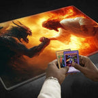 Playmats for Magic: The Gathering MTG Card Game Mat Plus 50 Pcs Card Sleeves, 24 x 14 inch TCG Mat with Stitched Edge for Commander Deck Duskmourn Board Game, Jesus Christ Fight The Devil