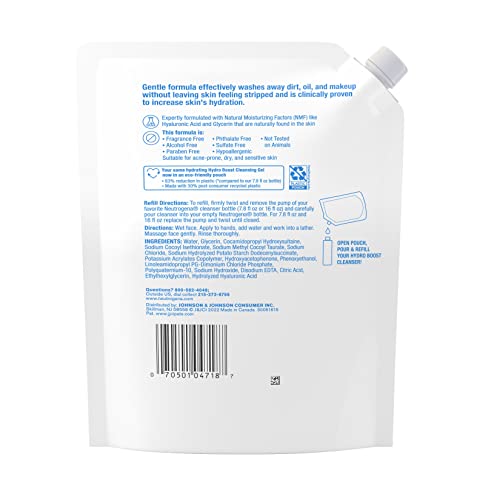 Neutrogena Hydro Boost Fragrance Free Hydrating Gel Facial Cleanser with Hyaluronic Acid, Daily Foaming Face Wash & Makeup Remover, Gentle Face Wash, Non-Comedogenic, Refill Pouch, 16 fl. oz