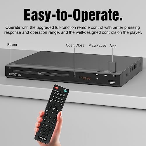 MEGATEK Region-Free HDMI DVD Player for TV, Compact CD/DVD Player for Smart TV, USB Port, Plays All Region DVDs & Multi Formats, Metal Housing, HDMI/RCA Cables & Remote Included