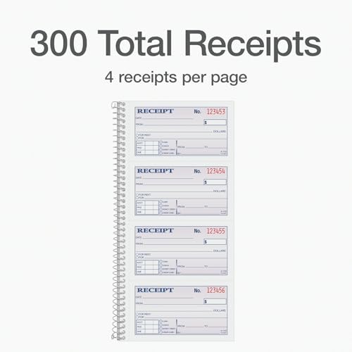 Adams Receipt Book - 300 Sets per Book, for Money and Rent - 2-Part Carbonless - 5-1/4" X 11" - Spiral Bound Receipt Book with Carbon Copies - 4 Receipts Per Page - 3 Pack