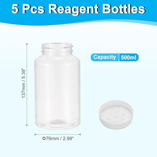 PATIKIL 5 Pcs 500ml Reagent Bottles, PET Wide Mouth Round Bottles with Screw Cap for Lab Water Reagent Liquids Solid Sample Storage Seal, Transparent