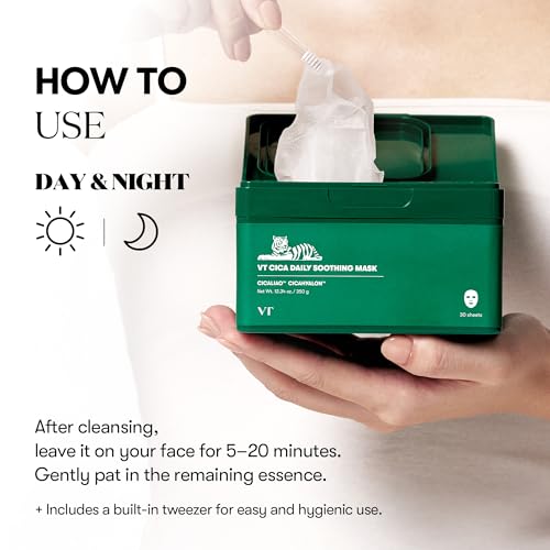 VT COSMETICS Daily Soothing Mask 30ea, Facial Sheet Mask for Moist & Hydrating, 30 Day Supply, Centella Asiatica Face Mask, Instant Calm & Glow, Korean Skincare
