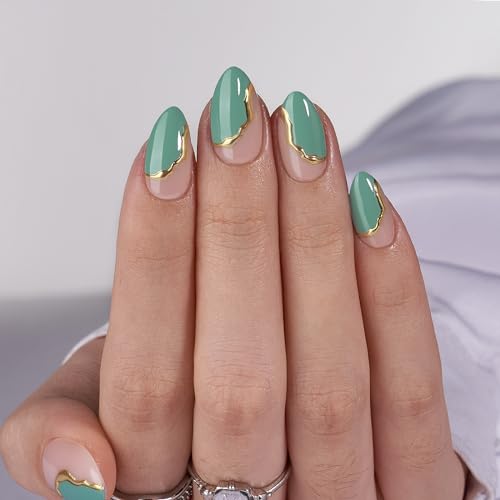 BTArtbox Press On Nails Almond - Spring Green French Tip Press On Nails Short for Gift, Light Weight Nail Tips, Natural Fake Nail with Glue, Glue On Nails in 16 Sizes - 30 Nail Kit, Turquoise