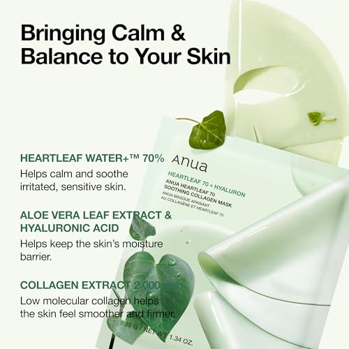 ANUA Heartleaf 70 Soothing Collagen Mask, Overnight Face Mask for Glass Skin, hyaluronic acid, Collagen, Soothing & hydration Facial Mask for Sensitive Skin, Natural Color, Korean Skin Care (38g, 4ea)