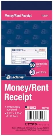 Adams Money/Rent Receipt Book, Carbonless, 3-Part, 2-3/4 x 7-3/16 Inches, 50 Sets per Book (TC2701)