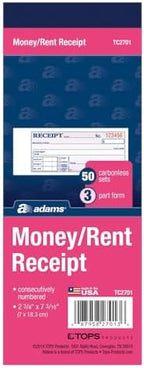 Adams Money/Rent Receipt Book, Carbonless, 3-Part, 2-3/4 x 7-3/16 Inches, 50 Sets per Book (TC2701)