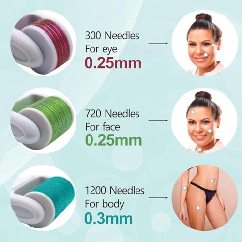 Derma Roller for Face and Body - Angel Kiss 4 in 1 Titanium Microneedling Roller Kit Micro Needle Microneedle Roller, 300 and 720 Needles 0.25mm,1200 Needle 0.3mm