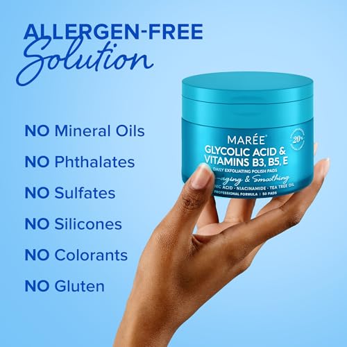 MAREE Glycolic Acid Pads - Toner Pads for Face Cleansing - Tea Tree Oil, Salicylic Acid & Vitamins E, B3, B5 - Facial Peel & Radiance Deep Cleaning Effect - 50 Count