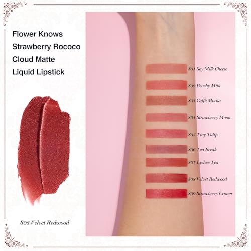 Flower Knows Strawberry Rococo Cloud Lip Cream Matte Liquid Lipstick-Long Lasting&Highly Pigmented Lip Stain -Velvety Waterproof Lip Makeup for Girls&Women-0.12 Fl Oz,1 Count(S08 Velvet Redwood)