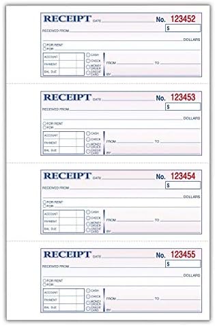 Adams Money and Rent Receipt Book, 3-Part, Carbonless, White/Canary/Pink,7 5/8" x 10 7/8", 100 Sets per Book, 5 Books, 500 Sets Total (TC1182)