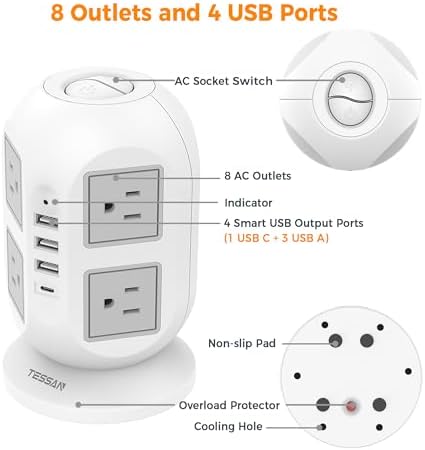 Tower Surge Protector Power Strip 10 ft, TESSAN Long Flat Extension Cord with Multiple Outlets, 8 AC Outlets with 4 USB Ports (1 USB C), Charging Station with Surge Protection, for Home Office Dorm