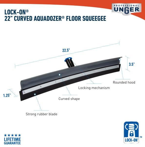 Unger Professional Lock-On 22” Curved AquaDozer, Lightweight Rubber Durable Squeegee for Tile, Smooth Concrete, Basements & Hurricane Clean-Up